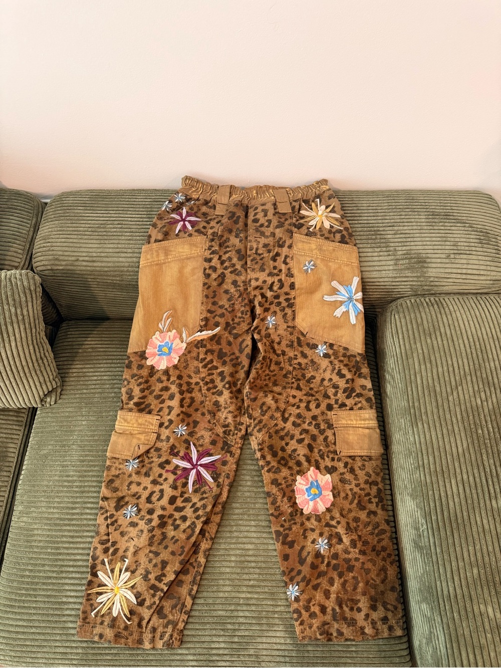 Free People Brown Leopard Print Cargo Joggers with Floral Embroidery